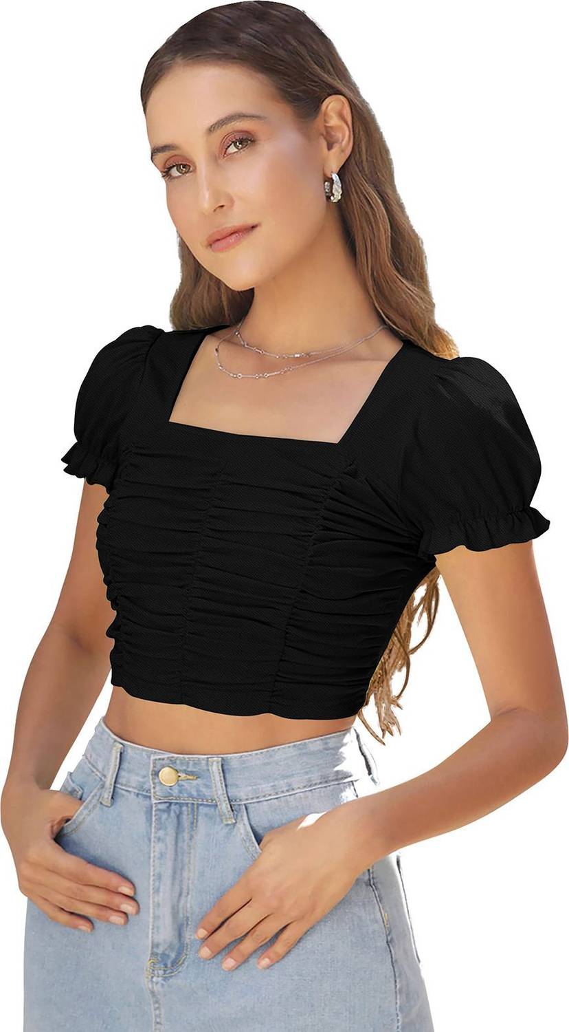 Casual Puff Sleeves Solid Women Black Top