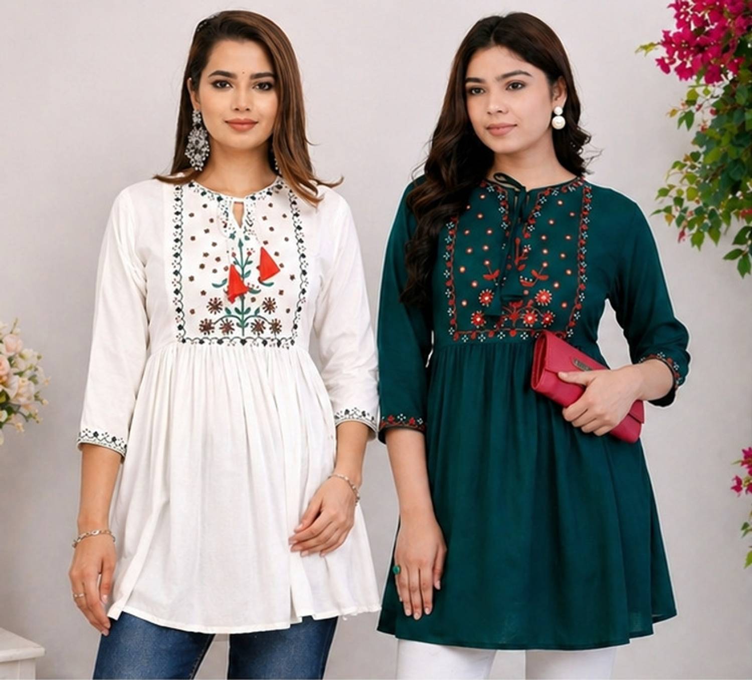 Aalso Casual Embroidered Women Dark Green, White Top
