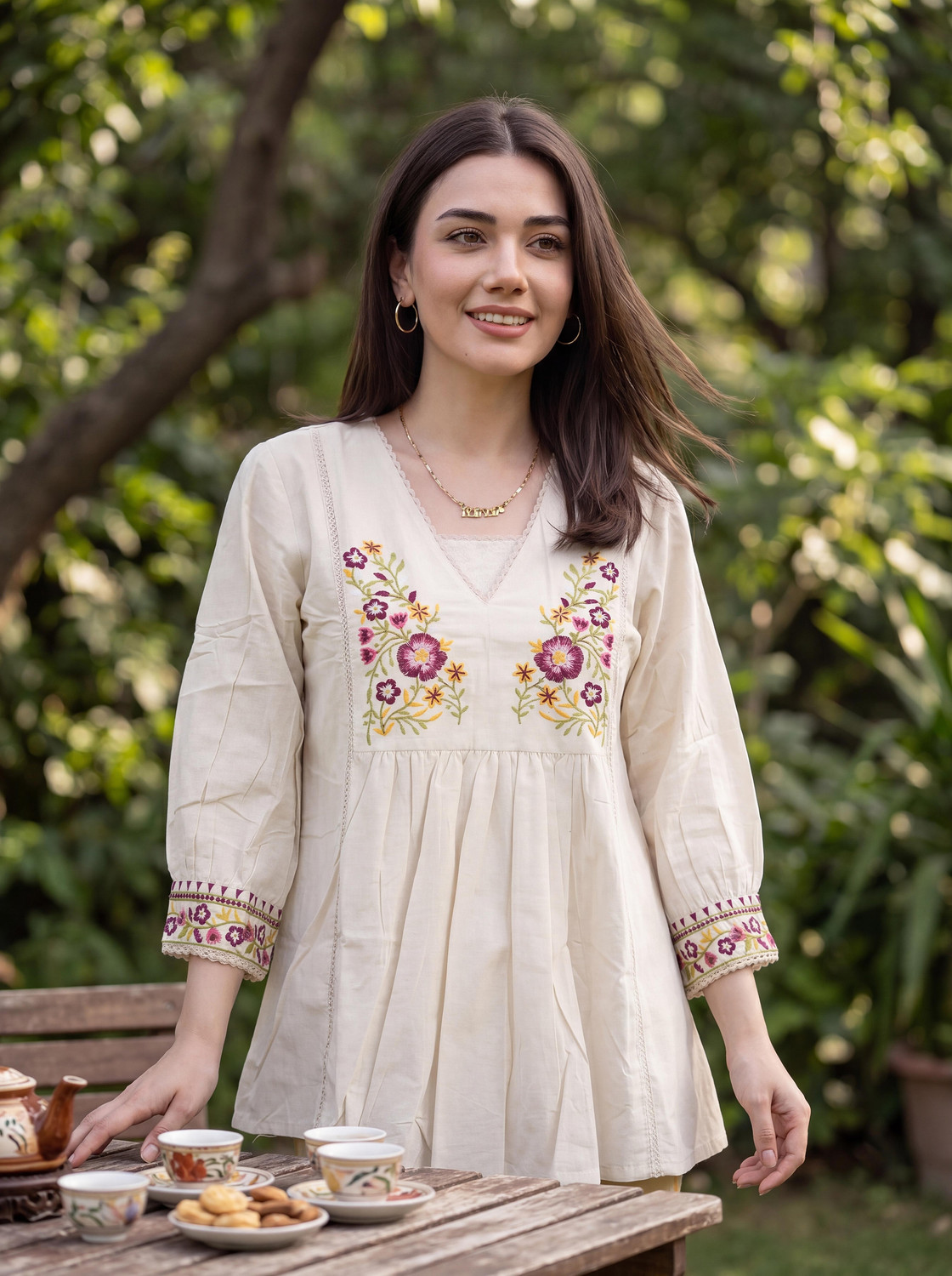 Image of MICORIA Casual Embroidered Women Beige, White Top