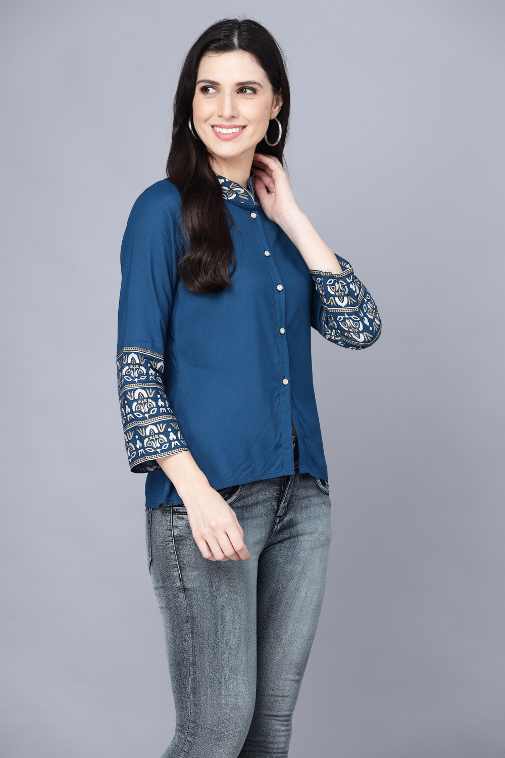 Image of SUBH LAXMI Casual Printed Women Blue Top
