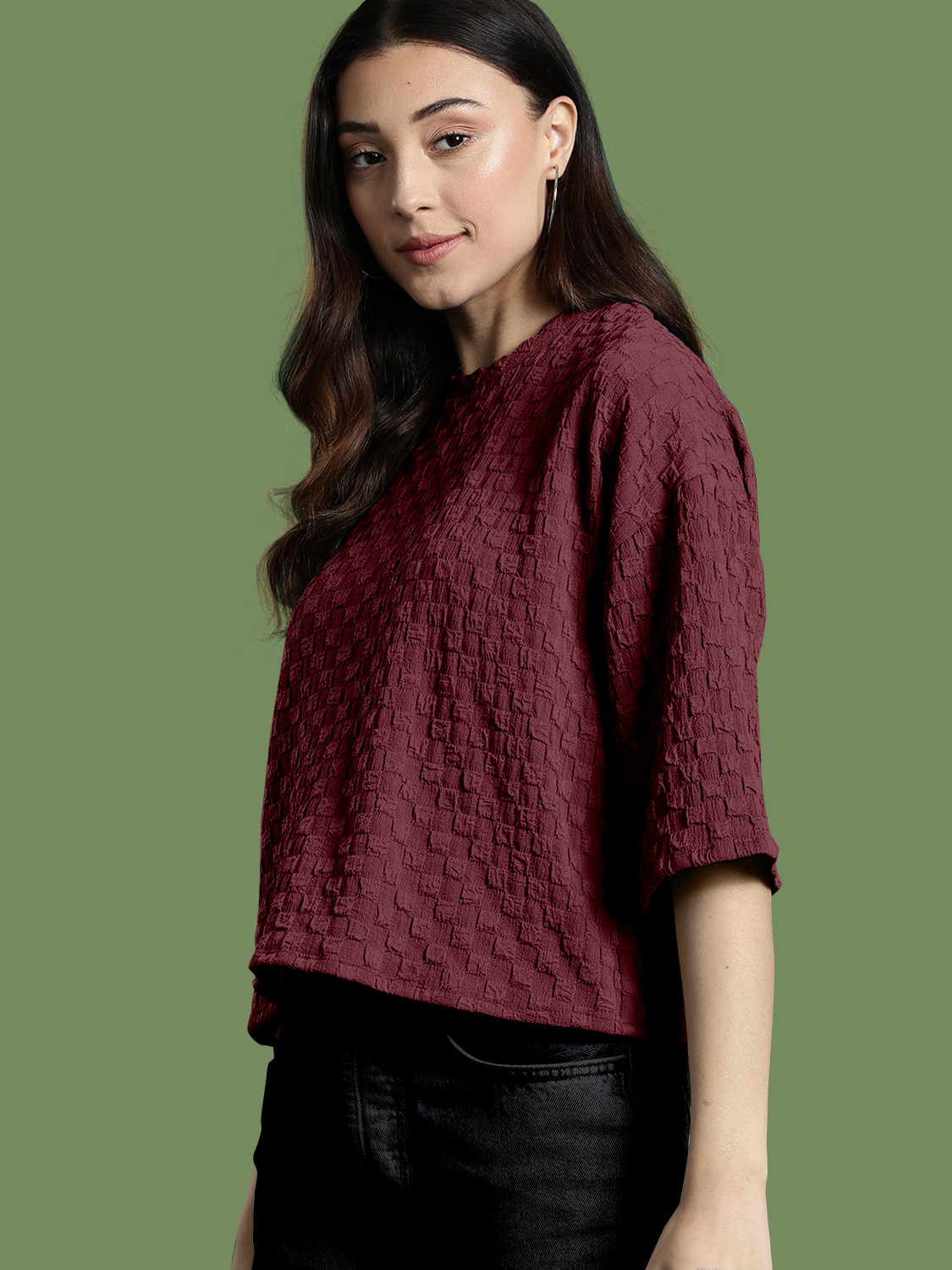 Image of FYRO Casual Self Design Women Maroon Top