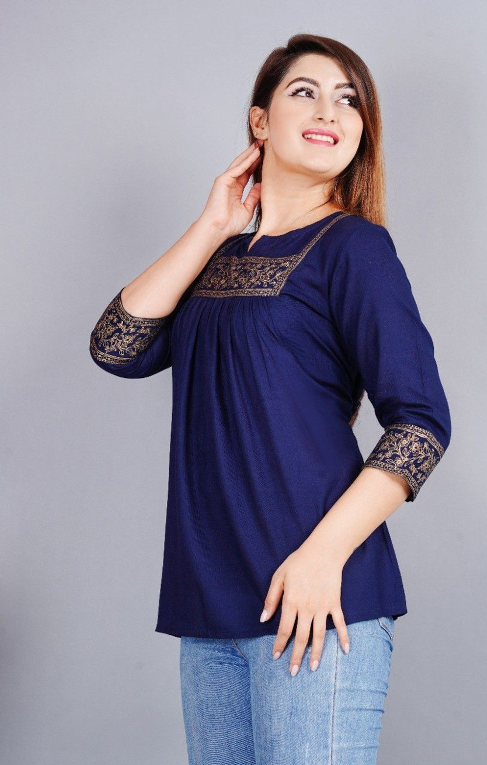 Image of Angarkha Casual Embroidered, Floral Print Women Blue Top