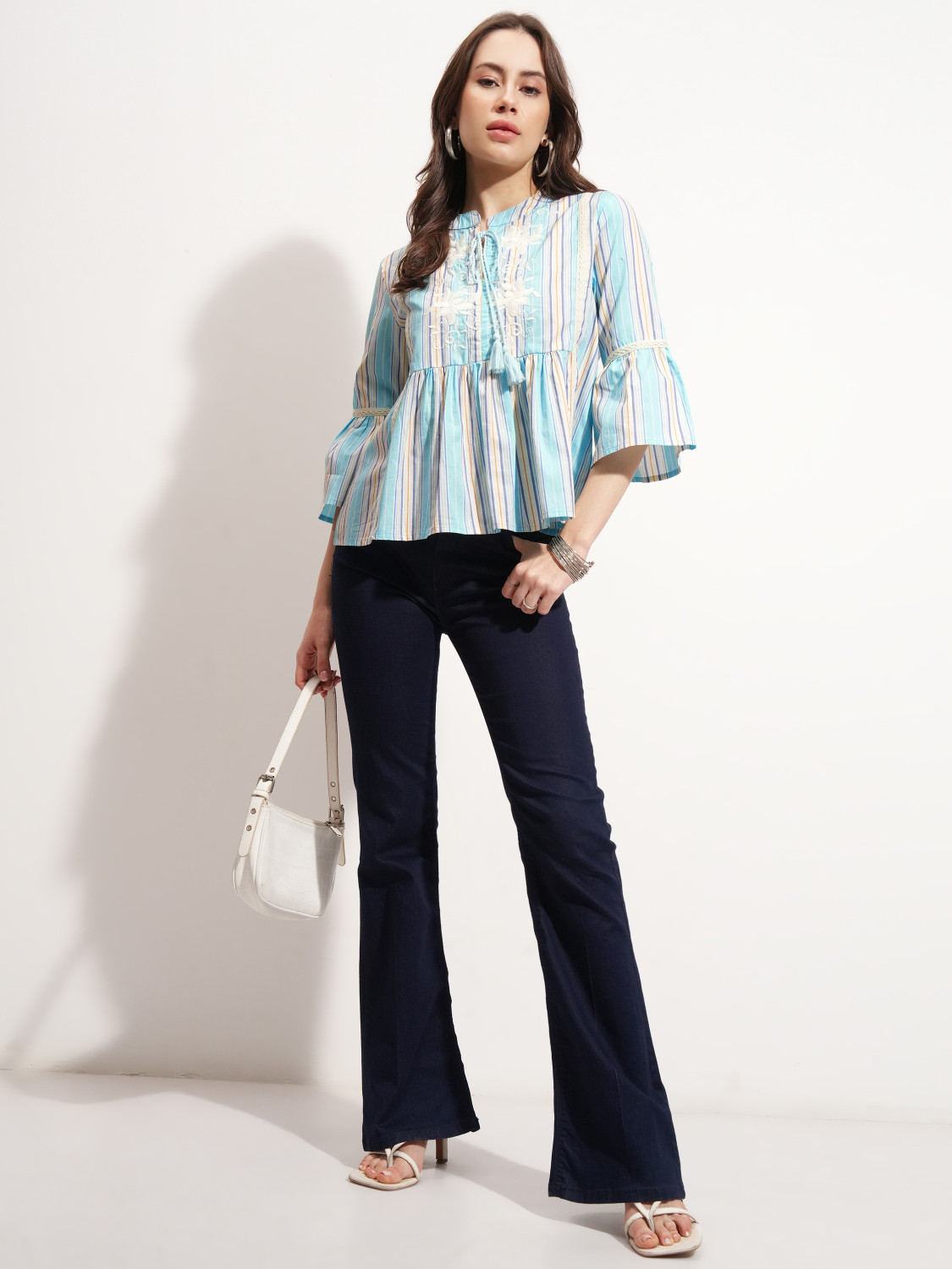 Image of Tokyo Talkies Casual Embroidered, Striped Women Multicolor Top