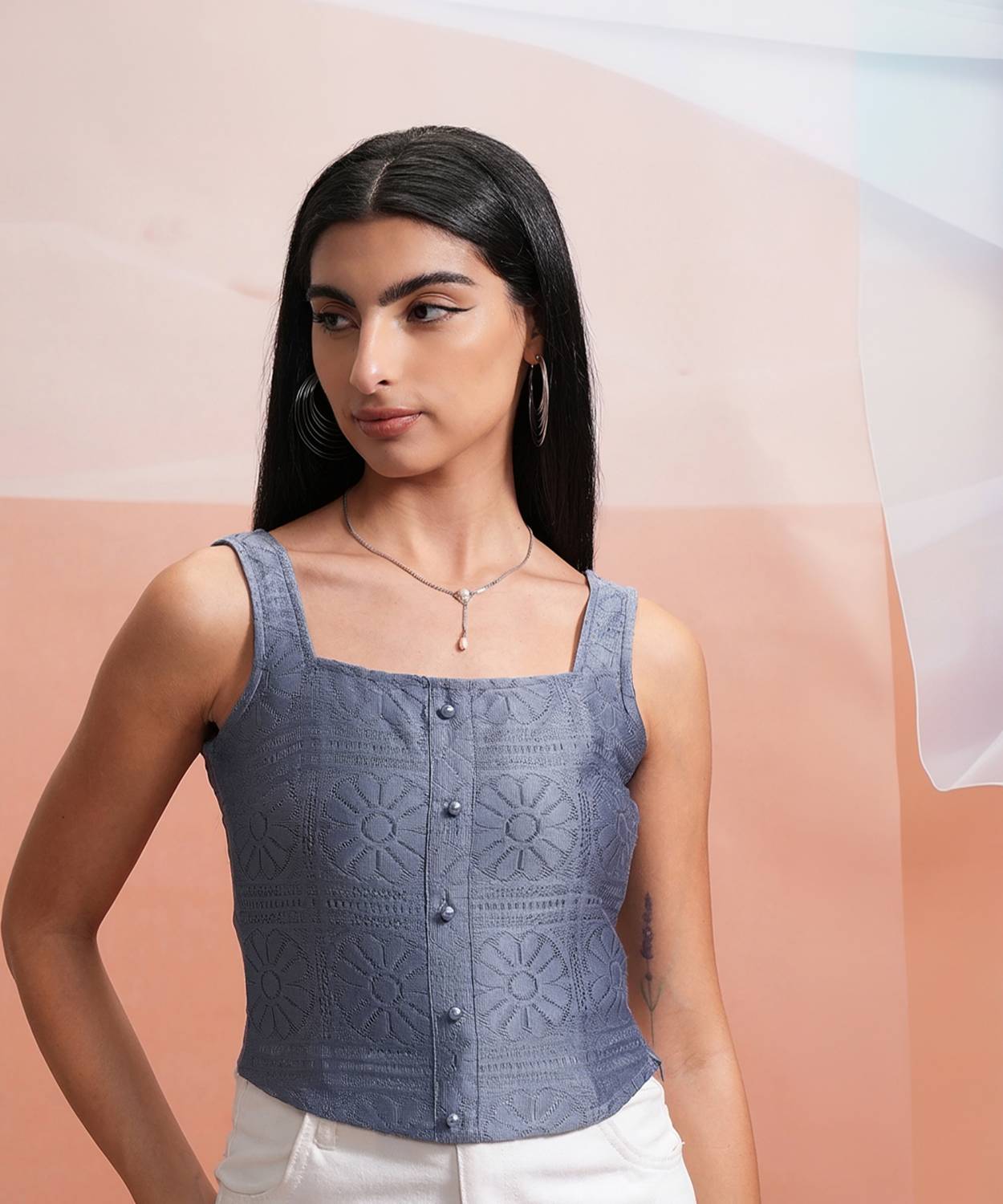 Tokyo Talkies Casual Sleeveless Self Design Women Grey Top