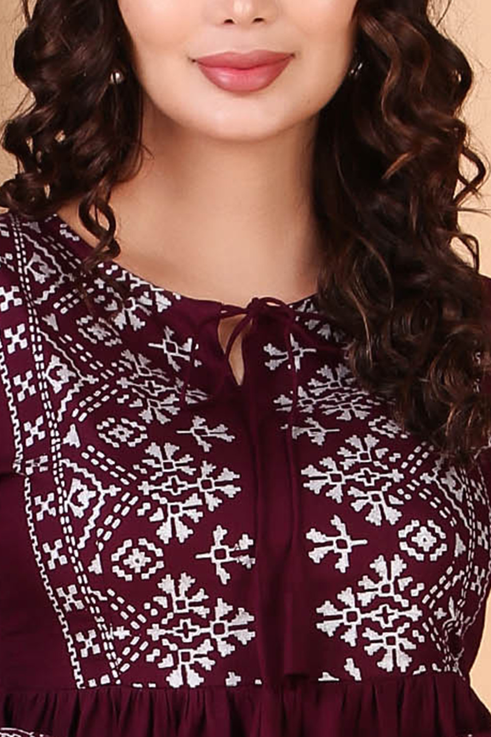 Image of Yuvanj Printed Viscose Rayon High Low Kurta for Women (Maroon)
