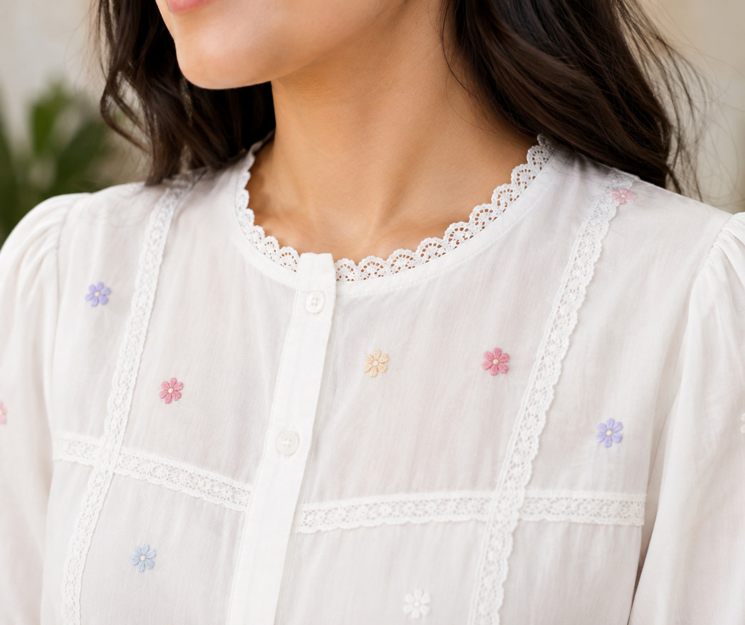 Image of ARN Casual Puff Sleeves Embroidered Women White Top
