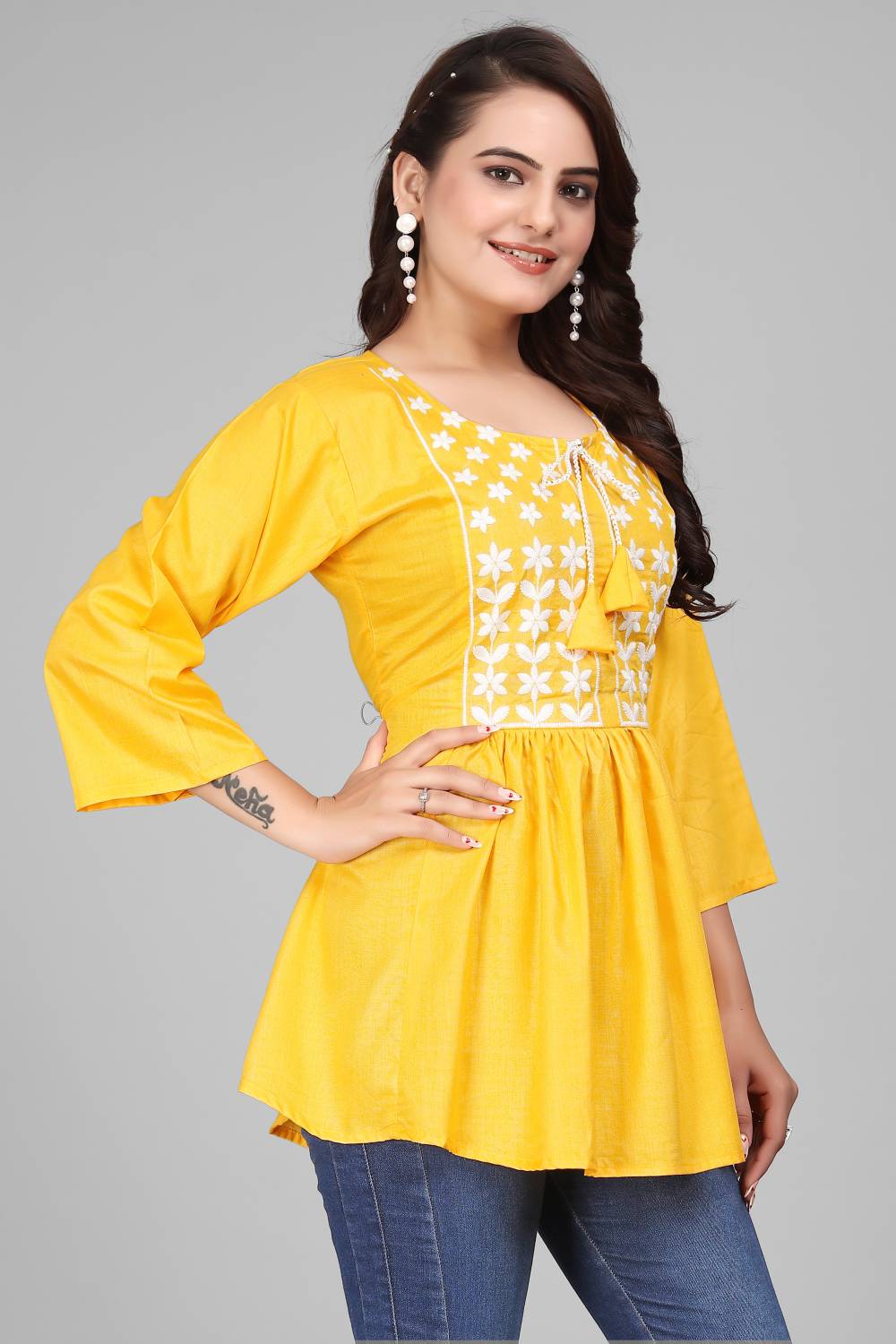 Atierking Casual Embroidered Women Yellow Top