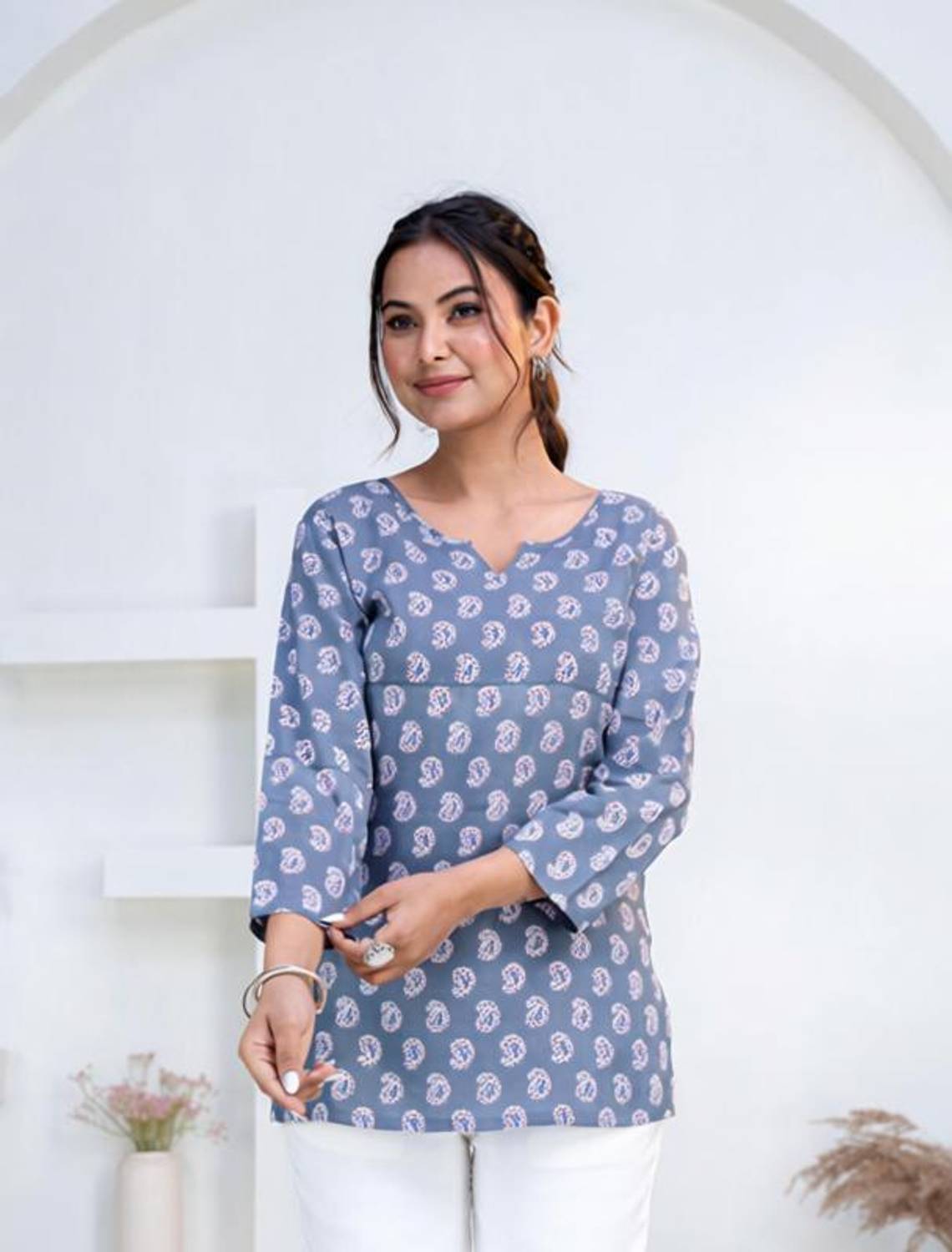 Adisha Party Printed Women Grey Top