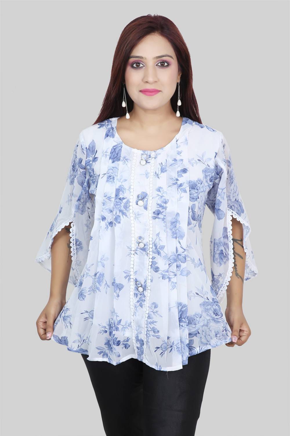 Pushbela Casual Floral Print, Printed Women Blue Top