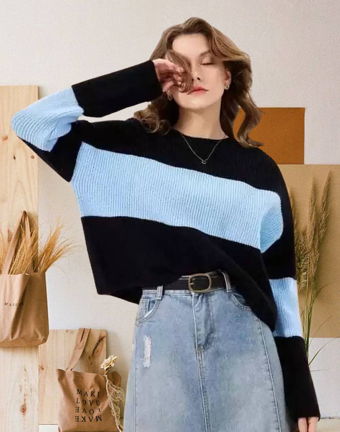 Amreliya Style Colorblock Women Round Neck Blue, Black T-Shirt