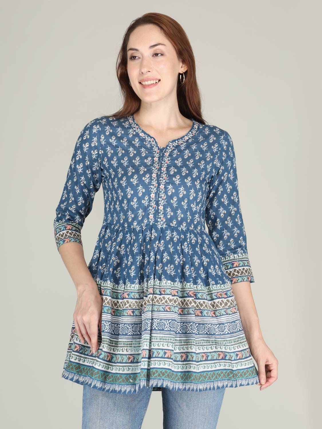 Dhan G Casual Floral Print, Embroidered Women Blue Top