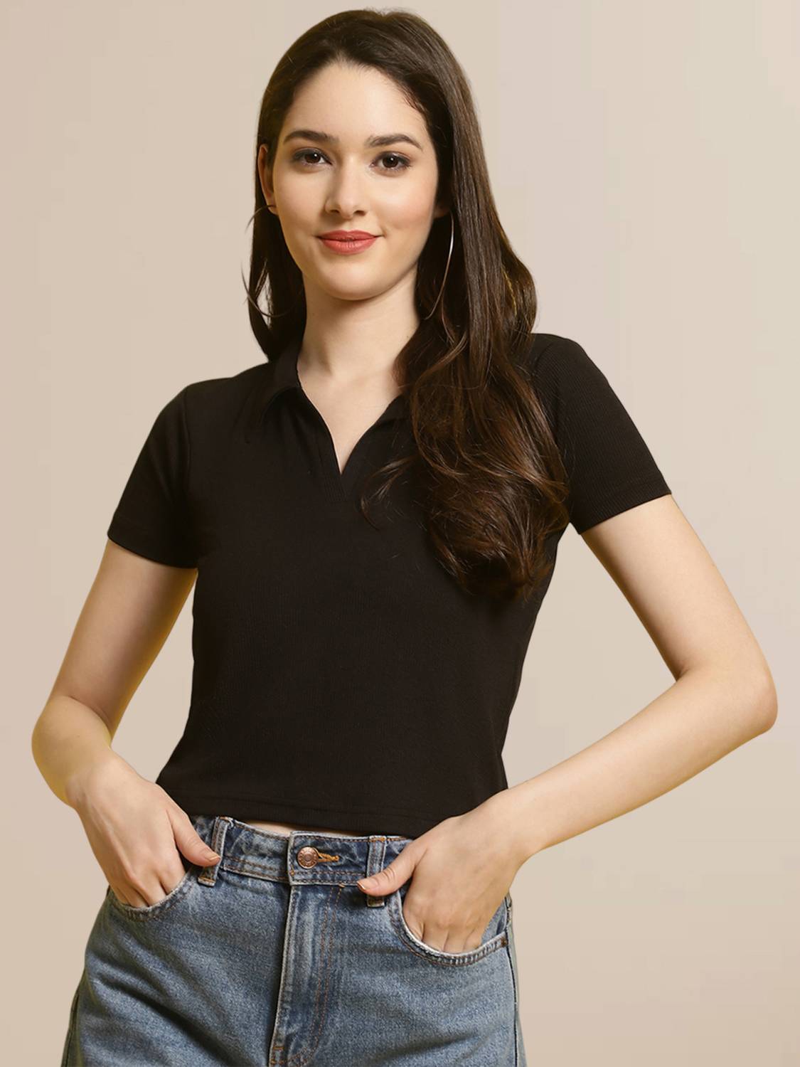 Fabflee Casual Solid Women Black Top