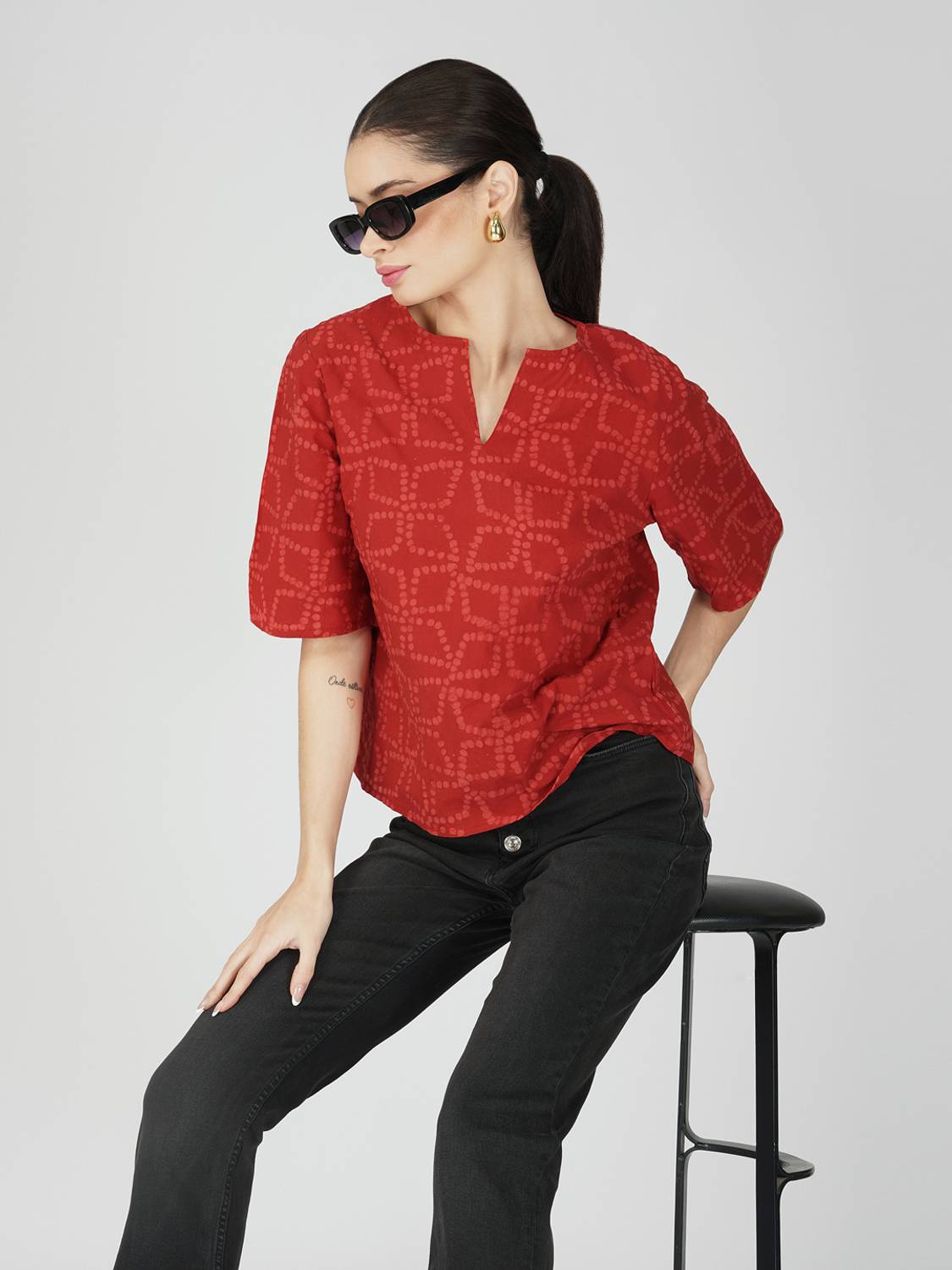 AVOR LIFESTYLE Casual Tie & Dye Women Red Top