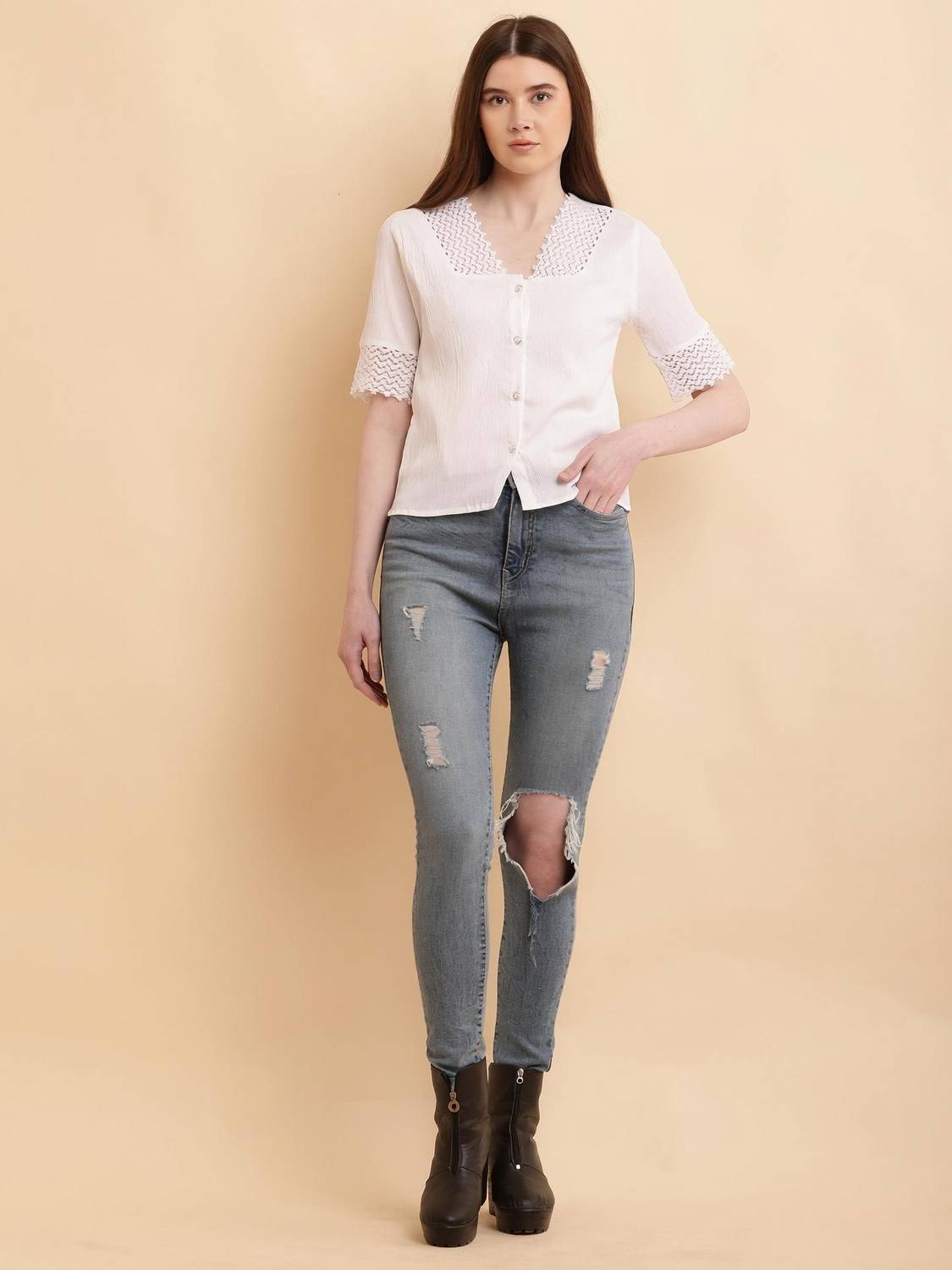 Absorbing Casual Lace, Self Design Women White Top
