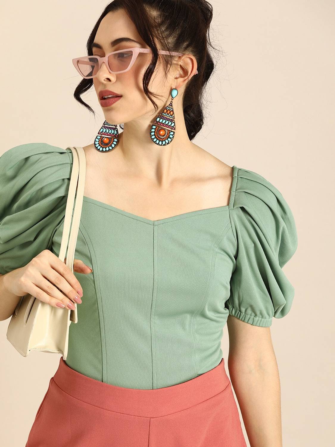 ATHENA Casual Solid Women Green Top