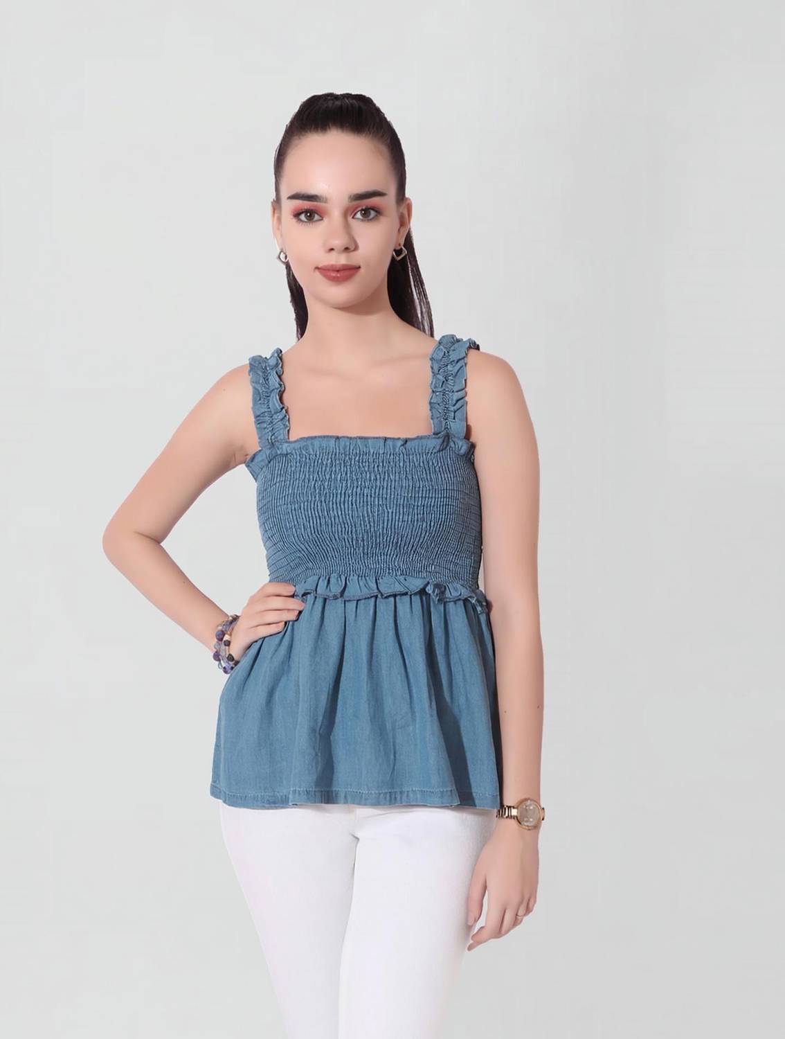CEFALU Casual Solid Women Blue Top