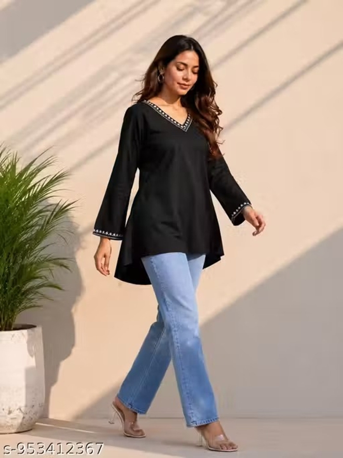 Image of AGOKA Casual Floral Print Women Black Top