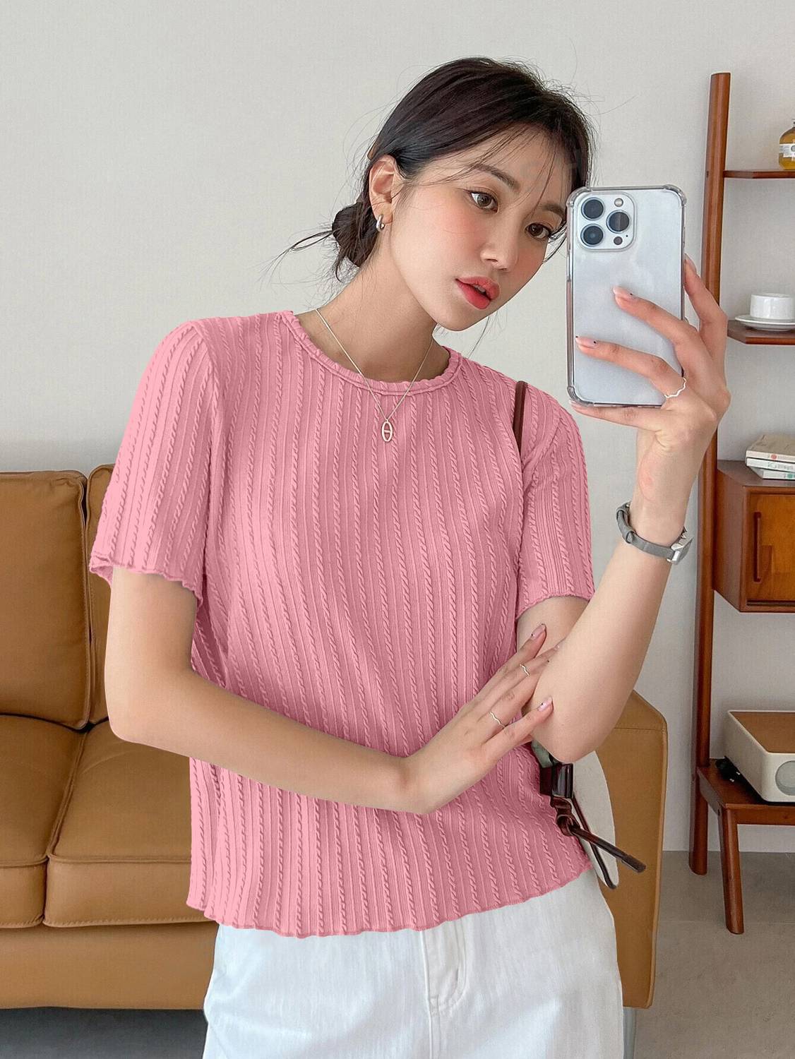 1stLov Casual Solid Women Pink Top