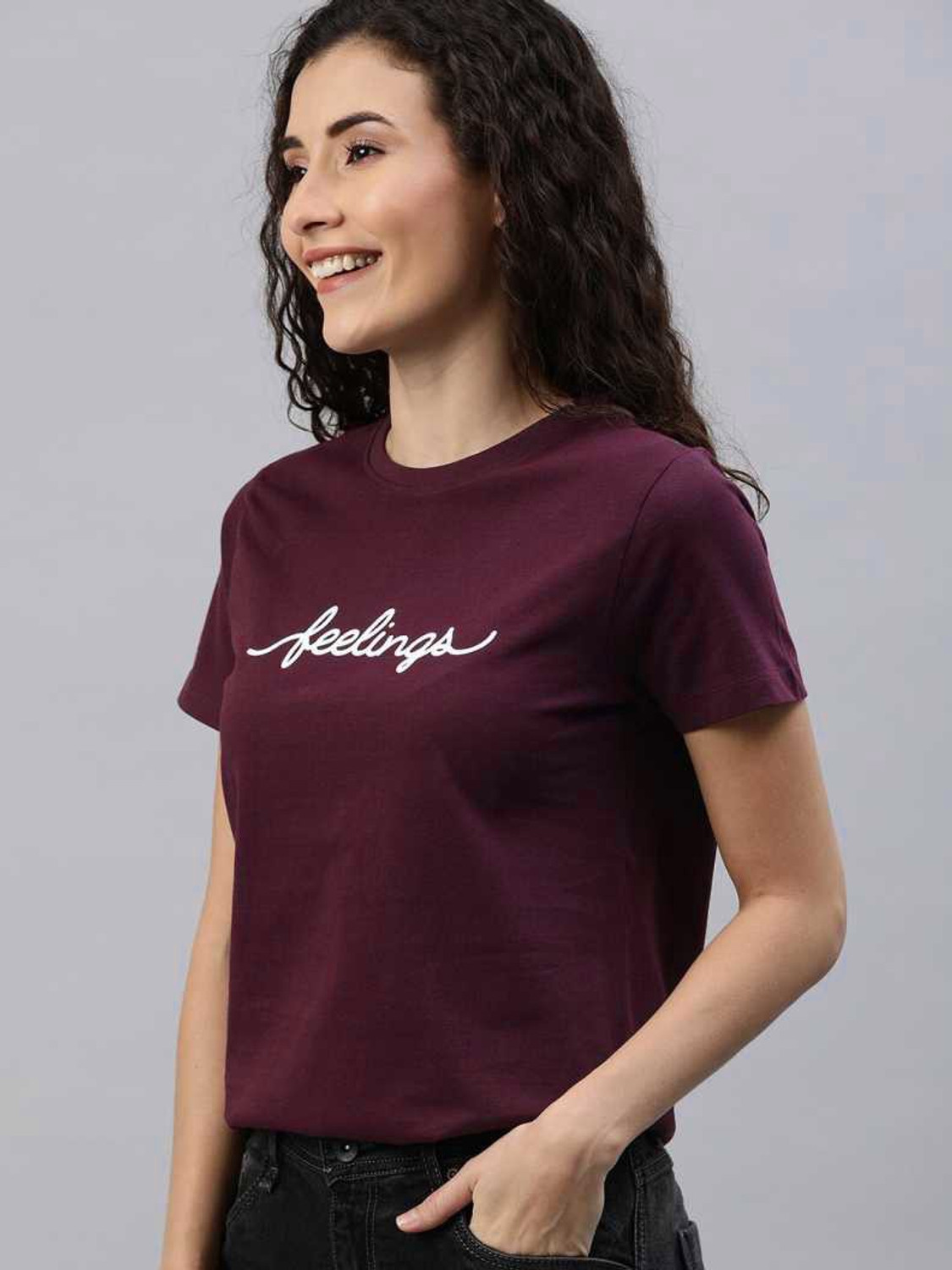 Image of Patche Typography Women Round Neck Maroon T-Shirt
