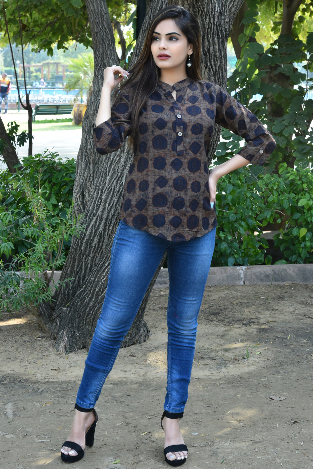 Image of FANCIFY Casual Striped Women Brown, Blue Top