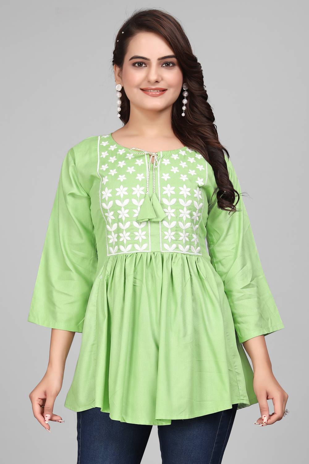 Atierking Formal Embroidered Women Light Green Top