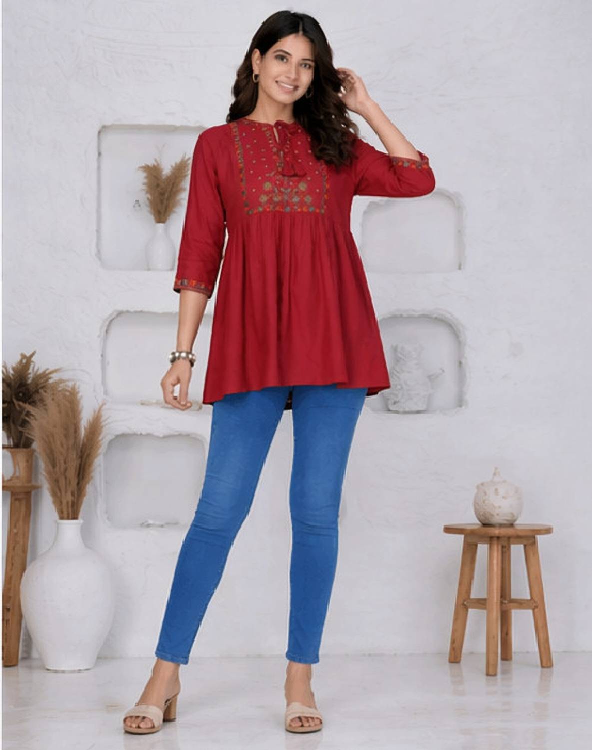 Aalso Casual Embroidered Women Maroon Top