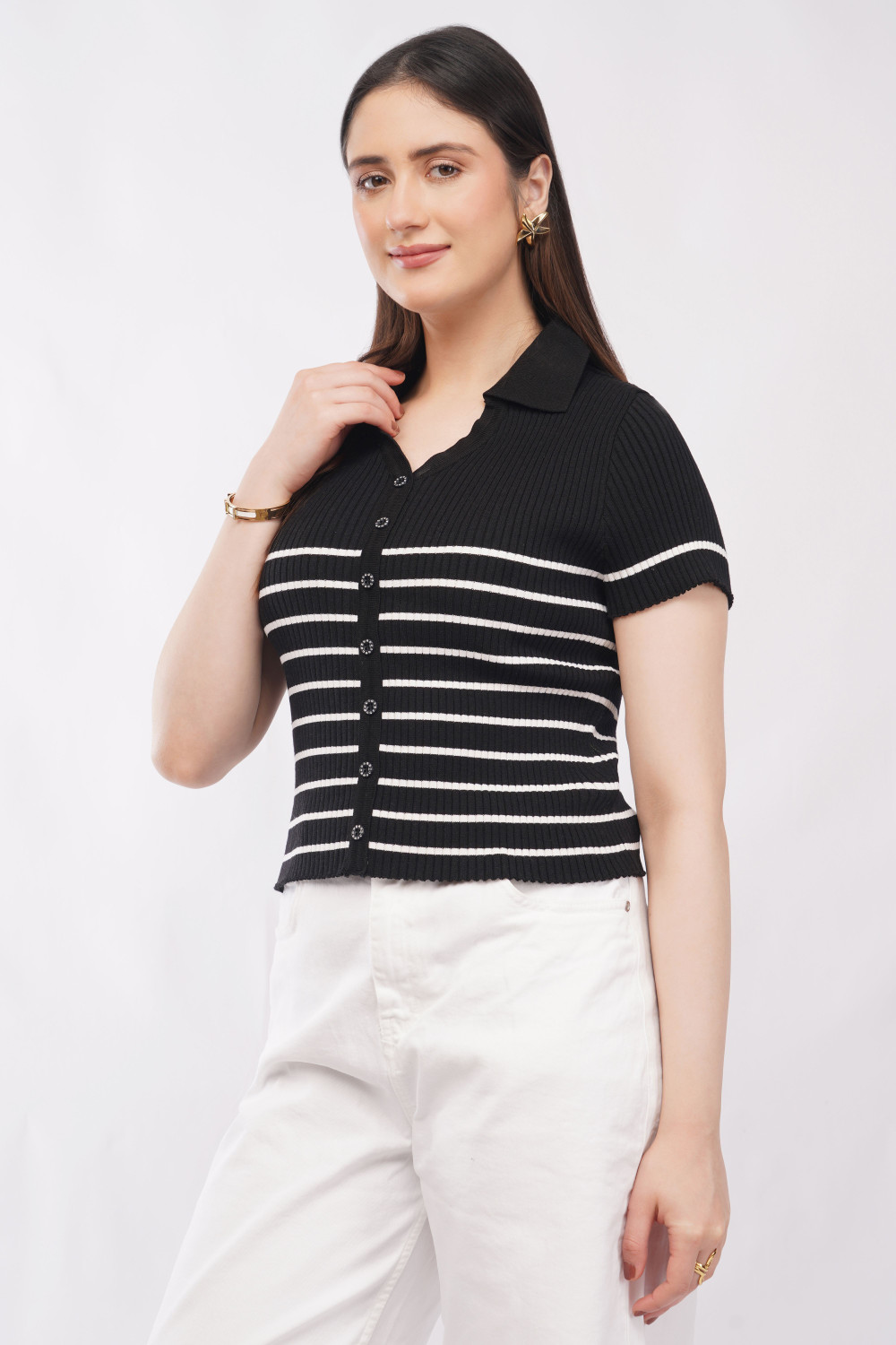 Image of IROZI Casual Striped Women Black Top