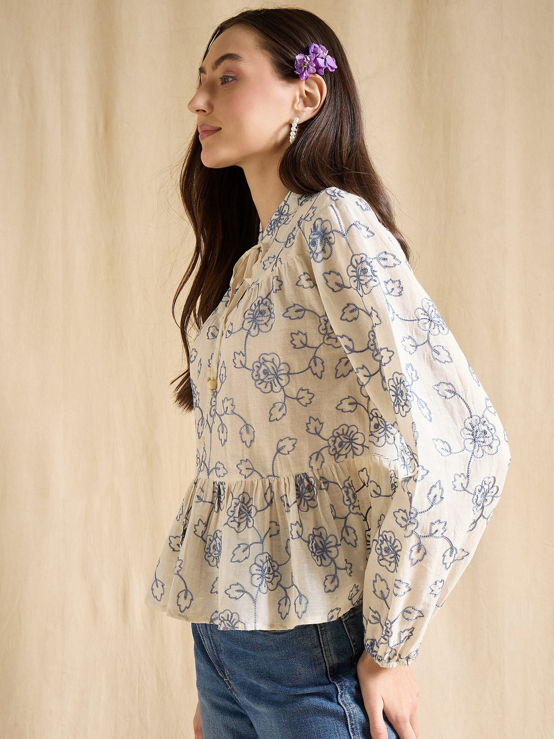 Image of DRAPE AND DAZZLE Casual Floral Print Women Blue Top