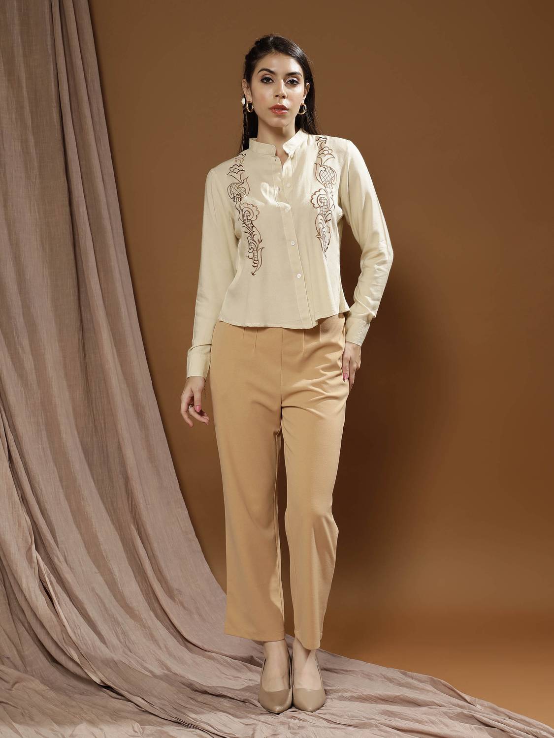 ATHENA Women Self Design Casual Cream Shirt