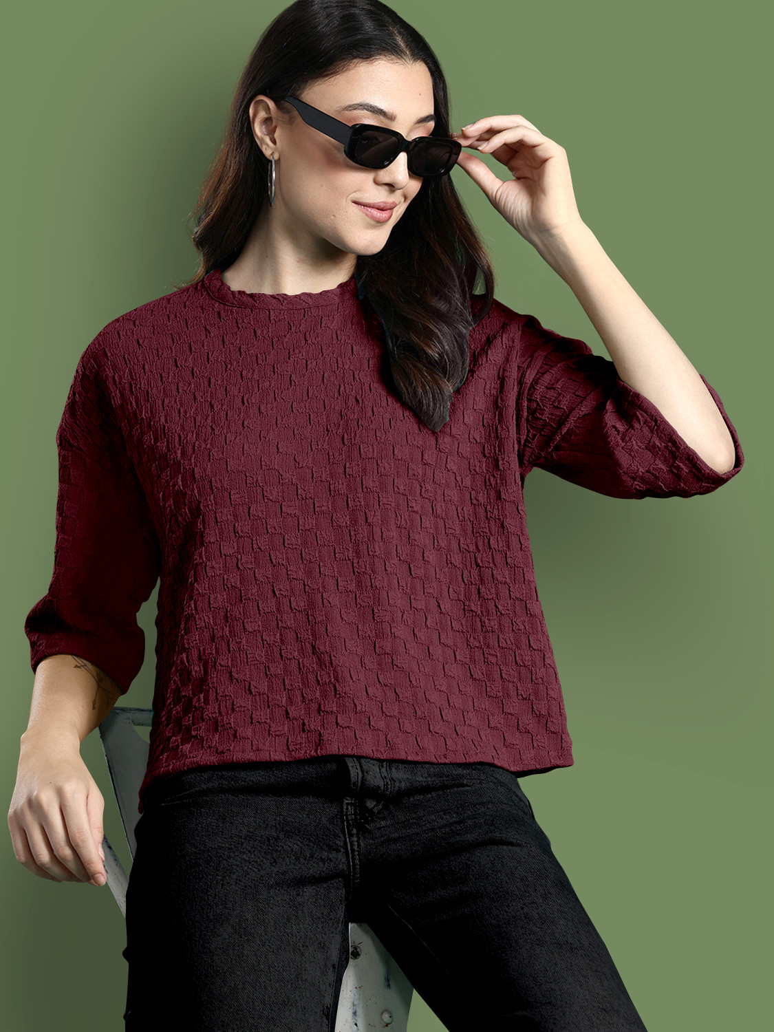 Image of FYRO Casual Self Design Women Maroon Top