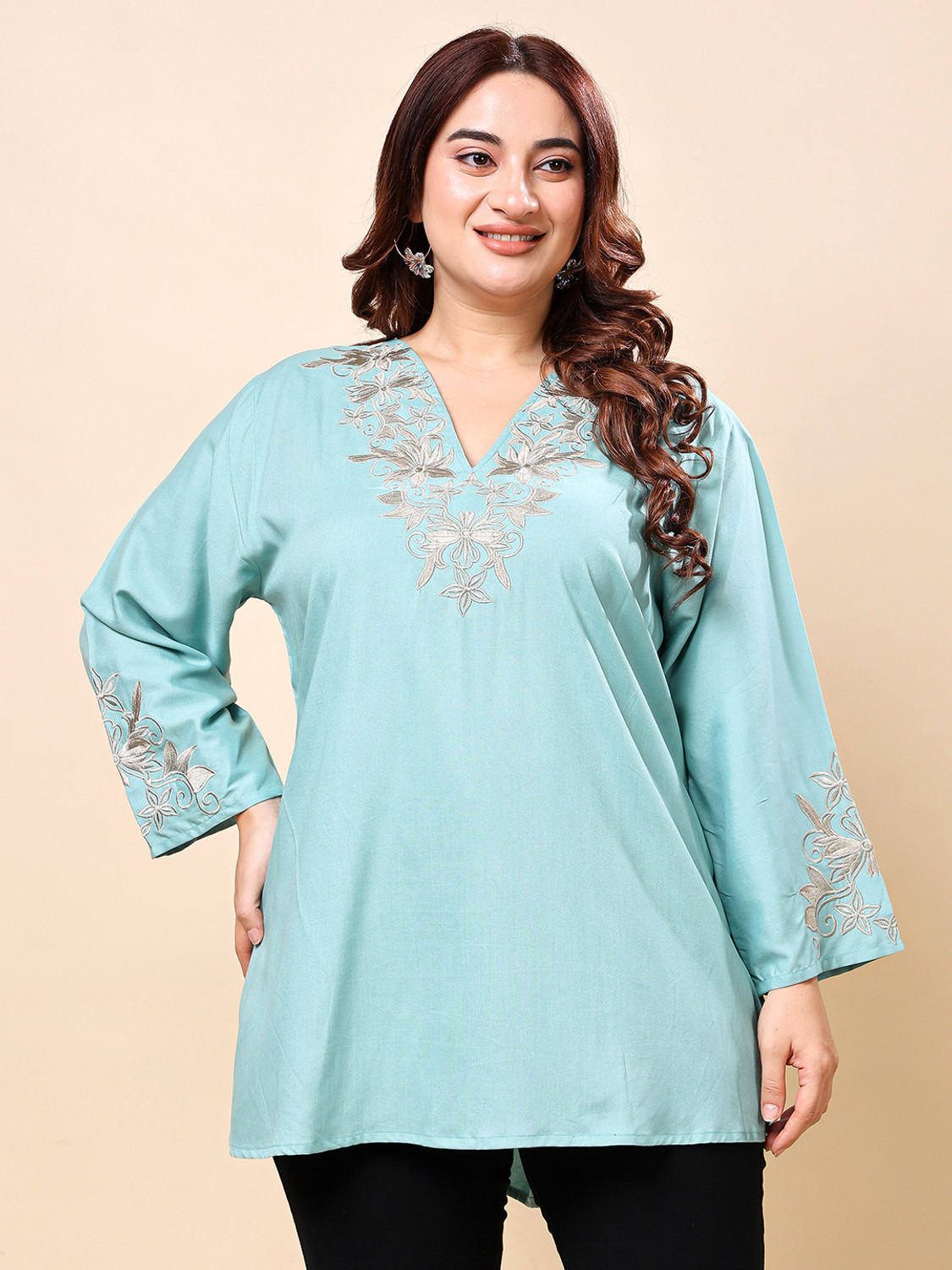 Image of VAAMII Casual Embroidered Women Light Blue Top