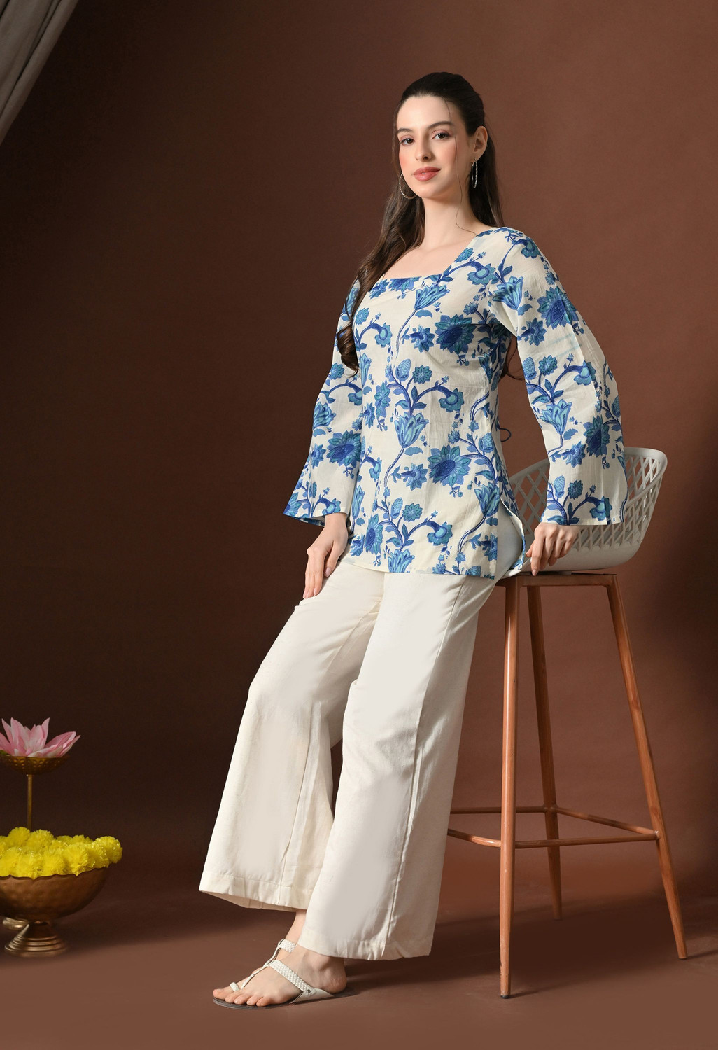 Image of SANGAKURTI Casual Floral Print Women White, Blue Top