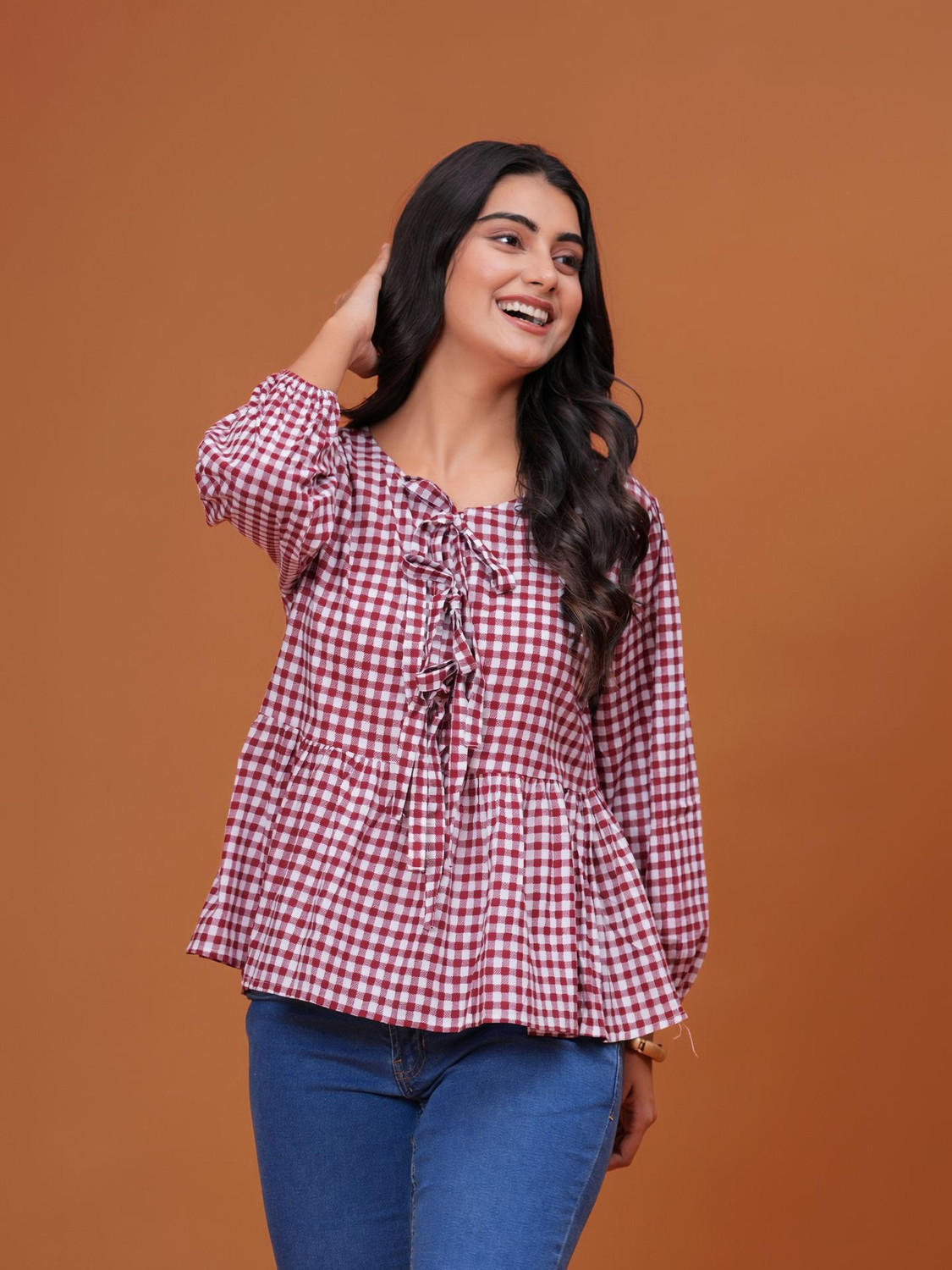 Image of GIGNAR Casual Checkered Women Red, White Top