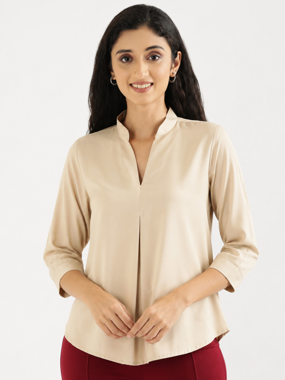 Image of Kavisaa Casual Solid Women Beige Top