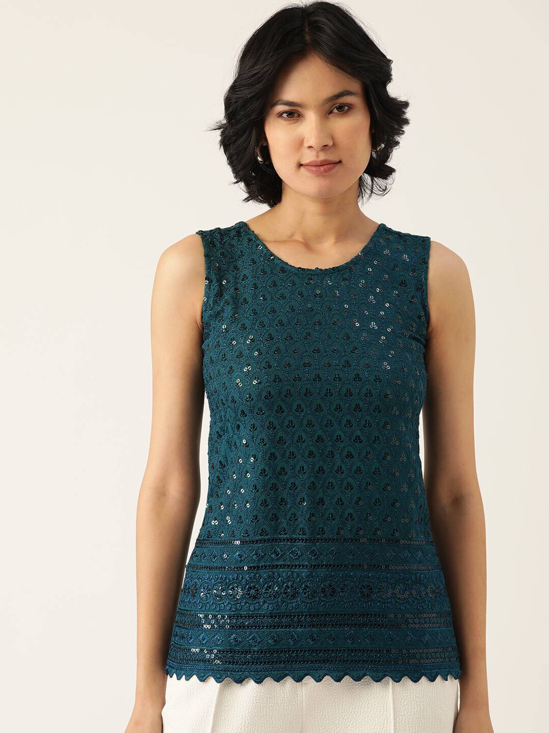 BRINNS Casual Embellished Women Dark Green Top