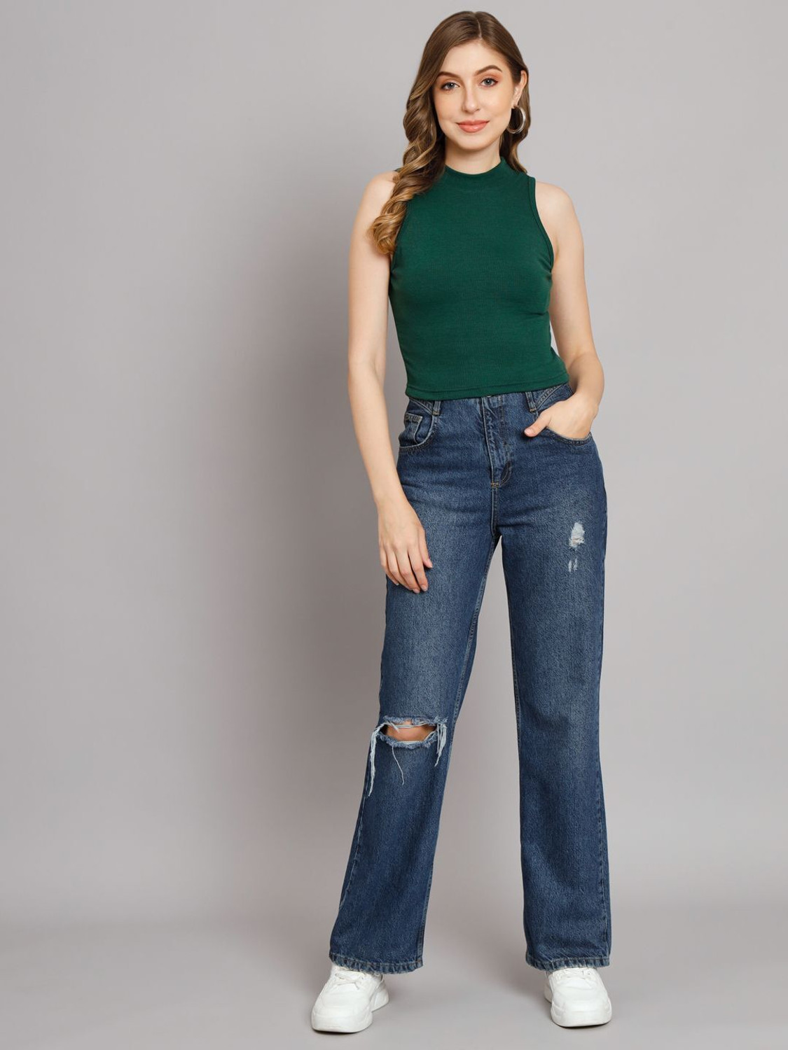 Image of FUNDAY FASHION Casual Solid Women Dark Green Top