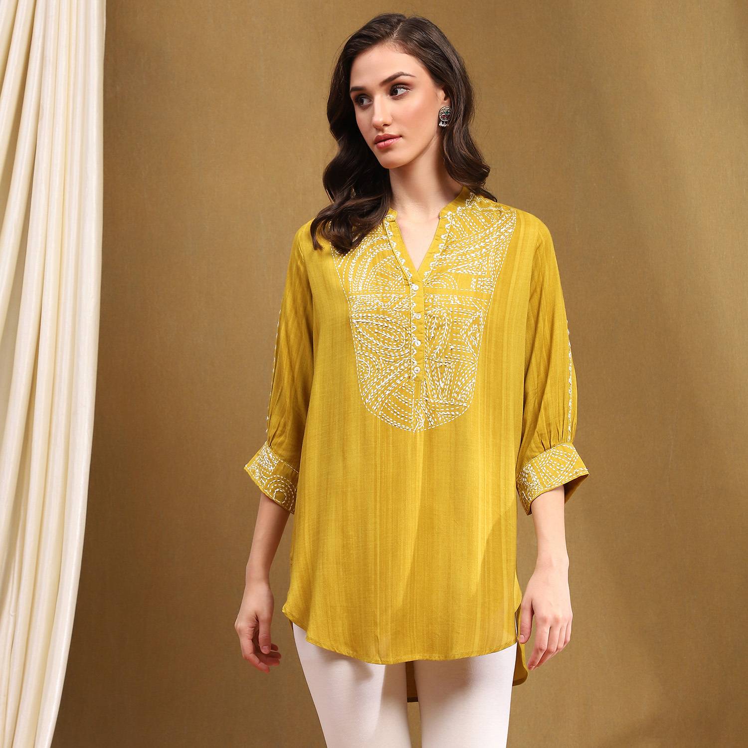 BIBA Casual Embroidered Women Yellow Top