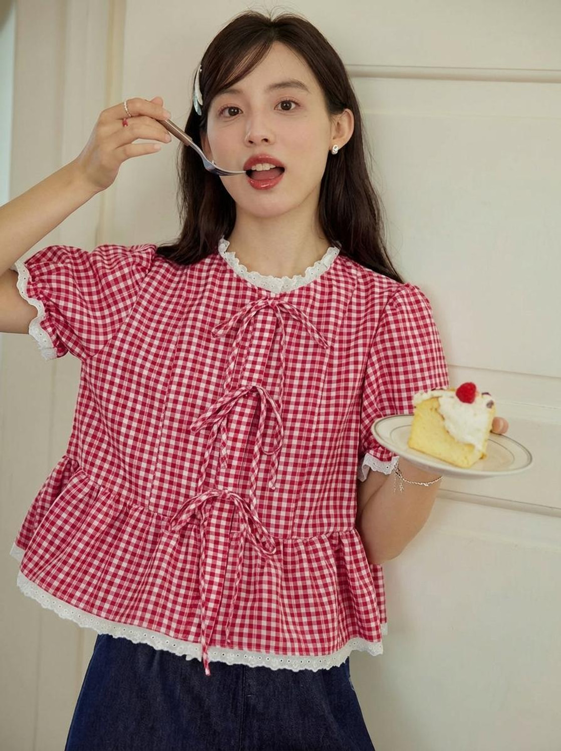 Image of QUINTESSENTIALS Casual Checkered Women Red Top