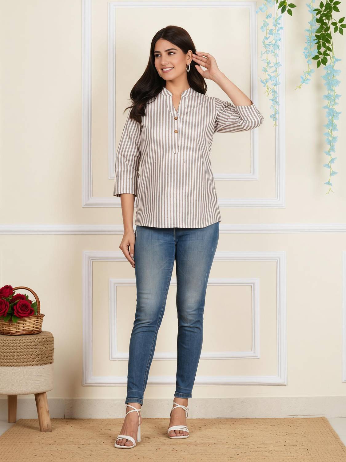 amaya creative center Casual Striped Women Brown, White Top