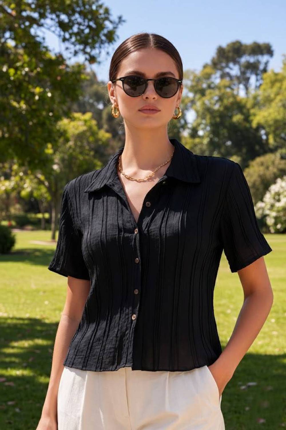 AROD Casual Striped Women Black Top