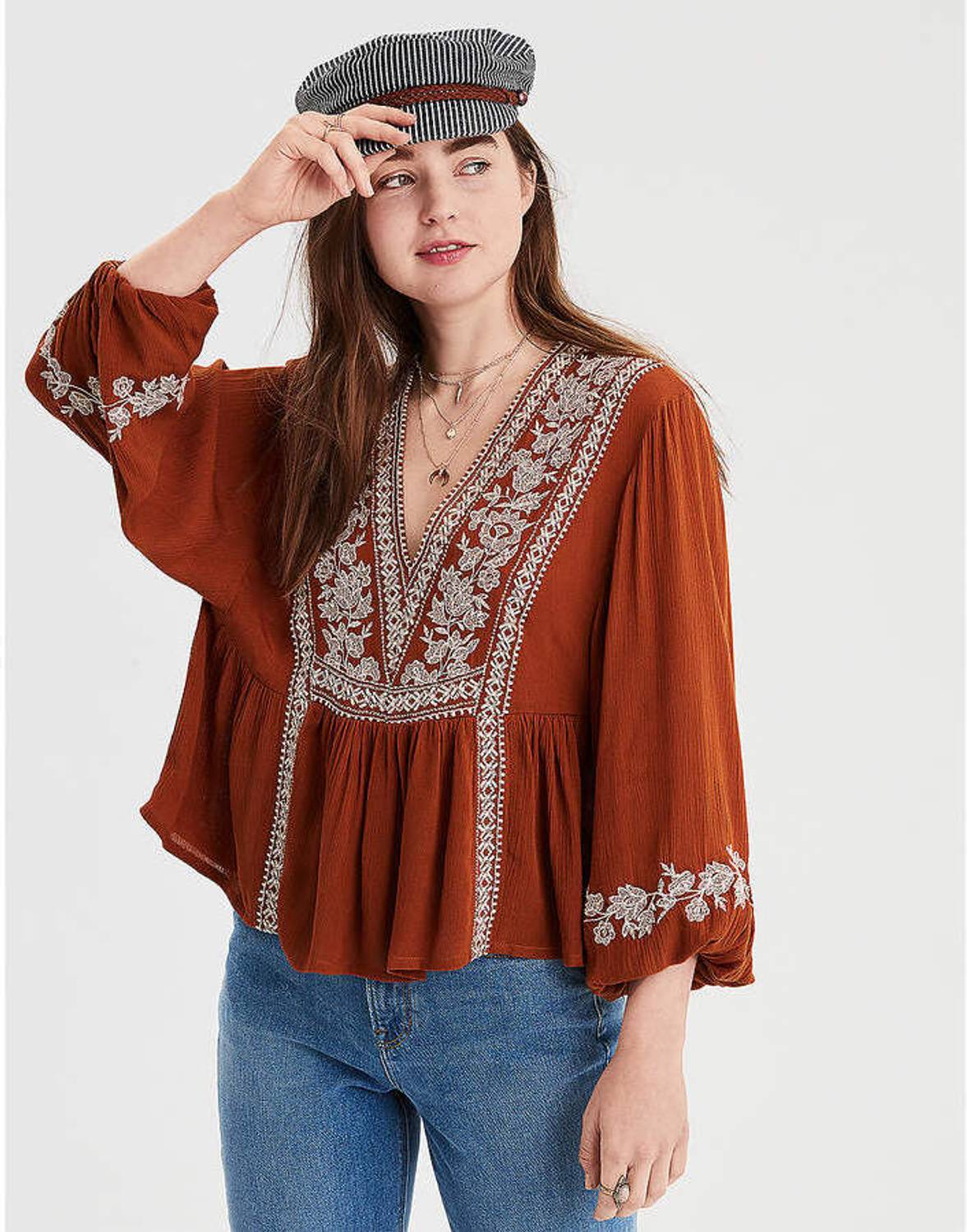Gosriki Beach Wear Embroidered Women Brown Top