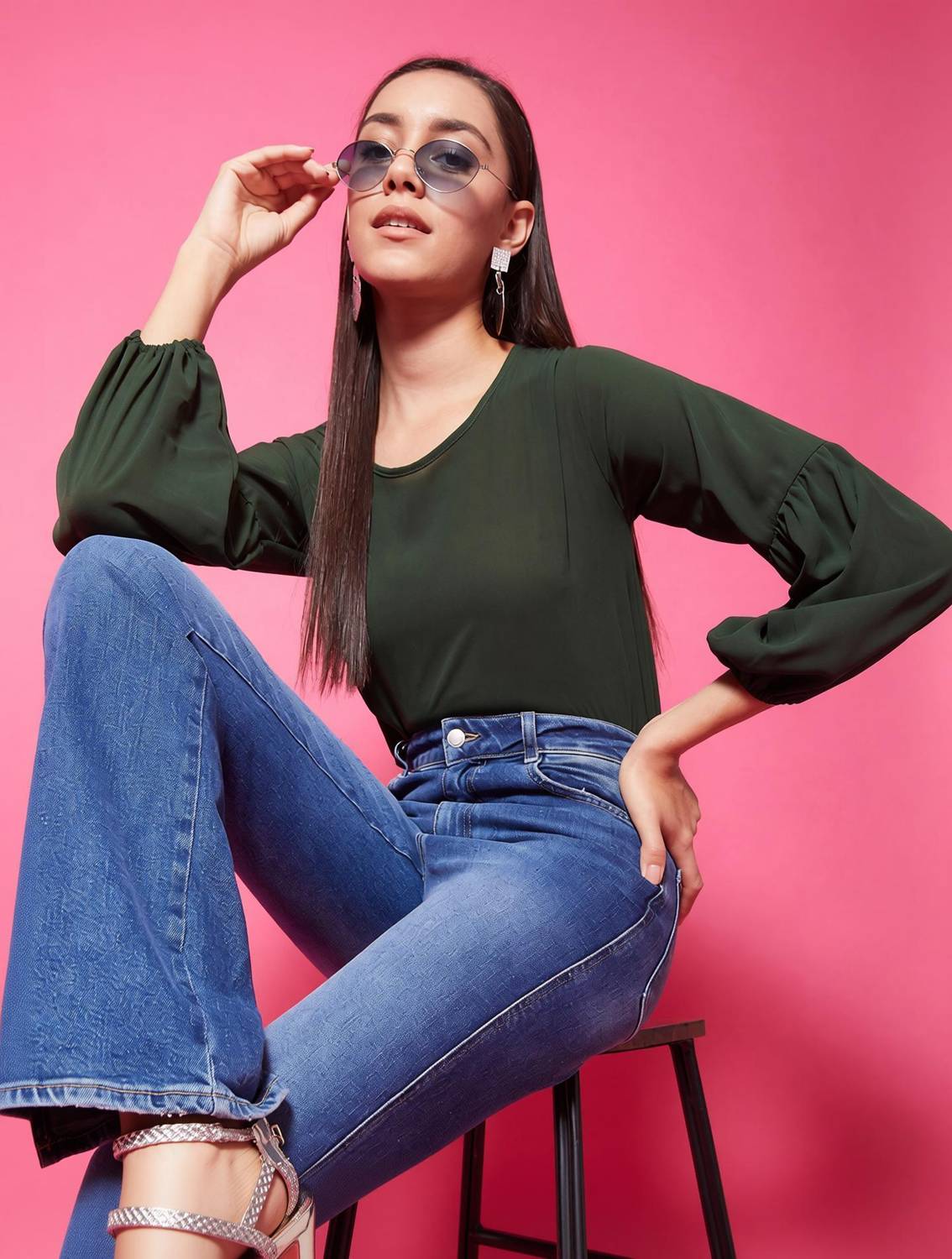 Chimpaaanzee Casual Full Sleeve Solid Women Green Top