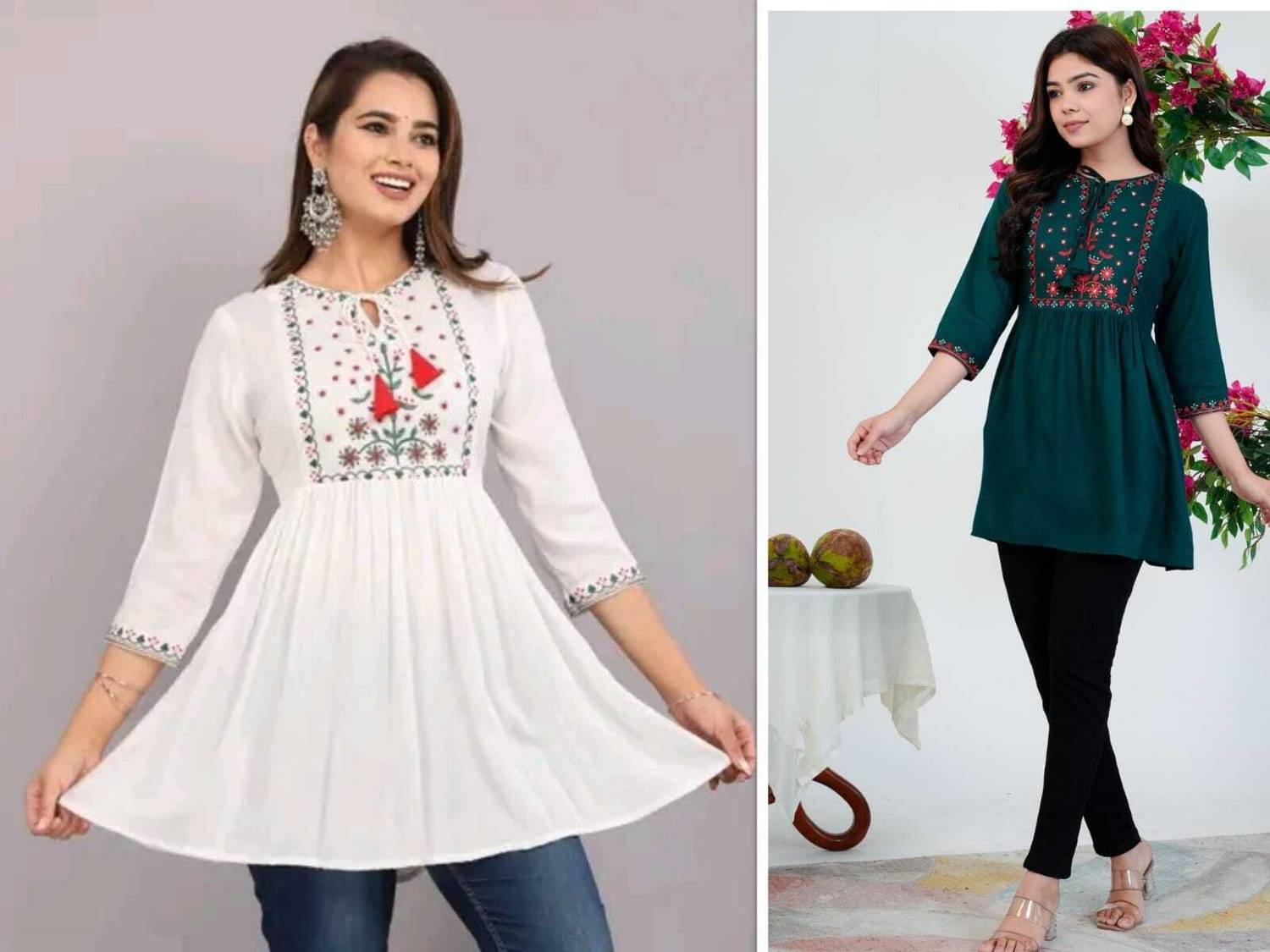Aalso Casual Embroidered Women White, Dark Green Top