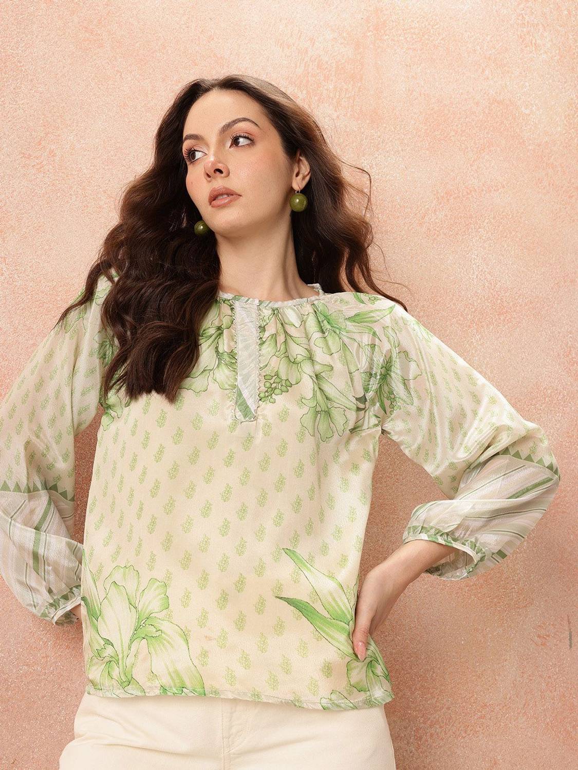 all about you Casual Printed Women Beige, Green Top