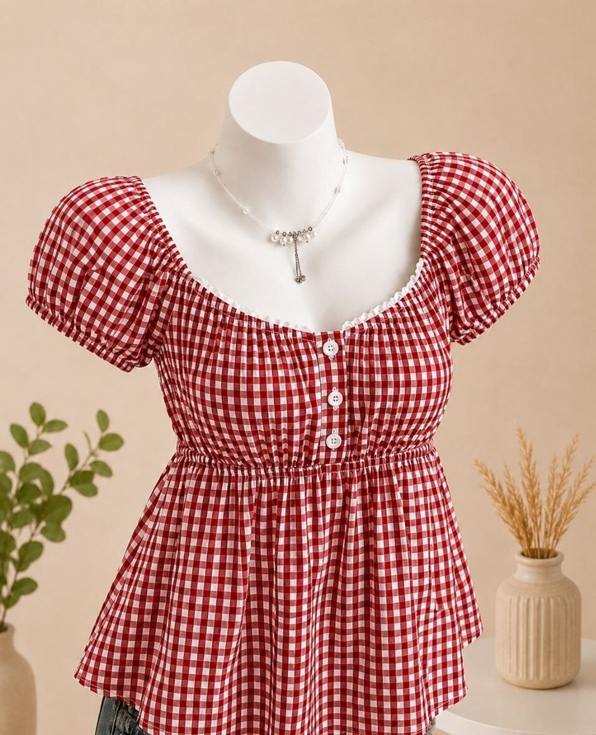 Image of Bullish Casual Checkered Women Red, White Top