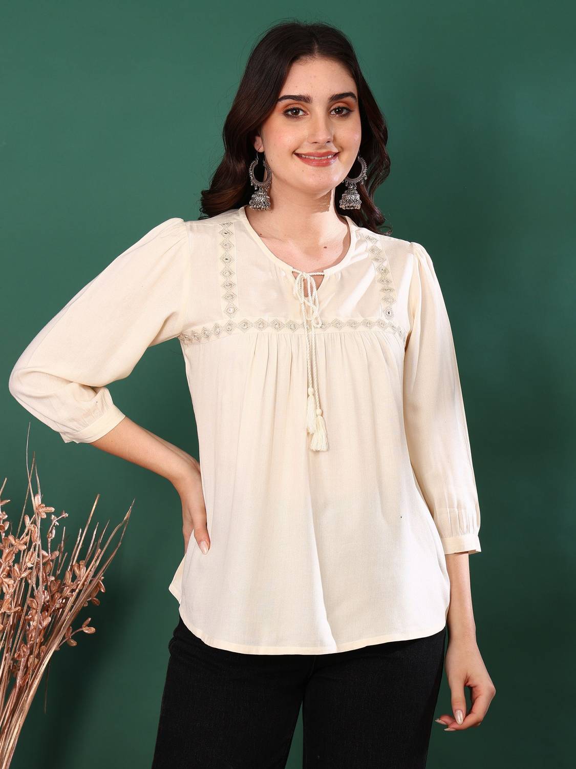 AKIKO Casual Embroidered Women White Top