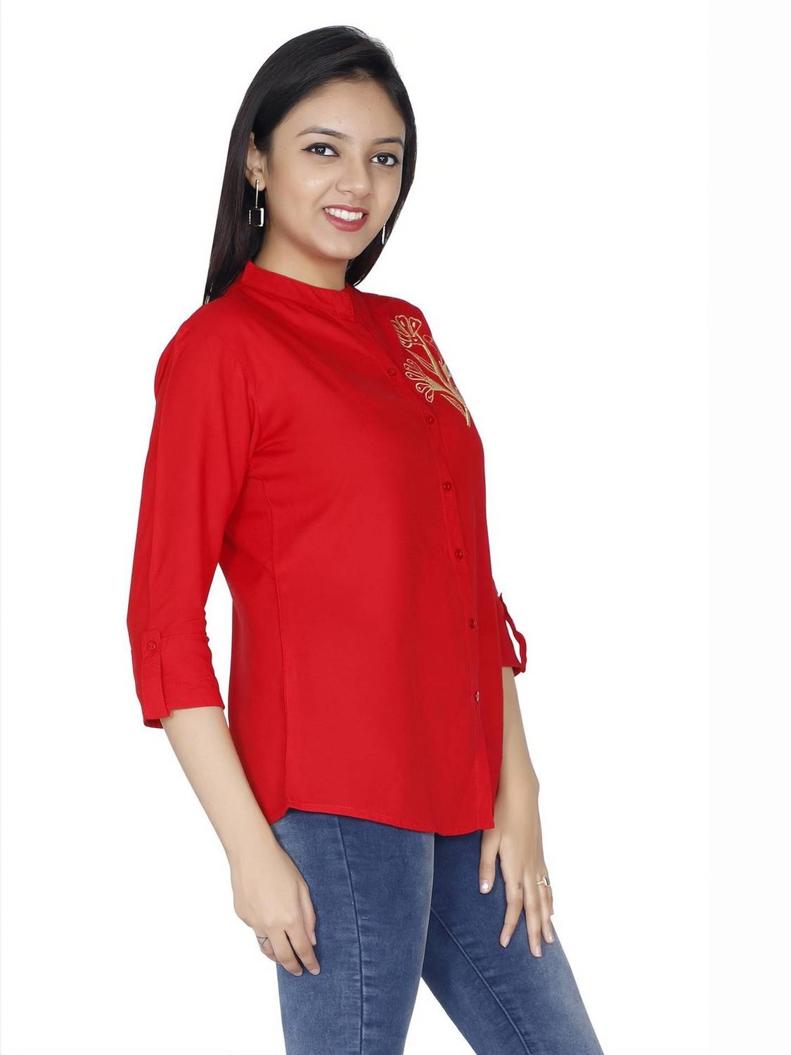 Brijam Casual 3/4 Sleeve Embroidered Women Red Top