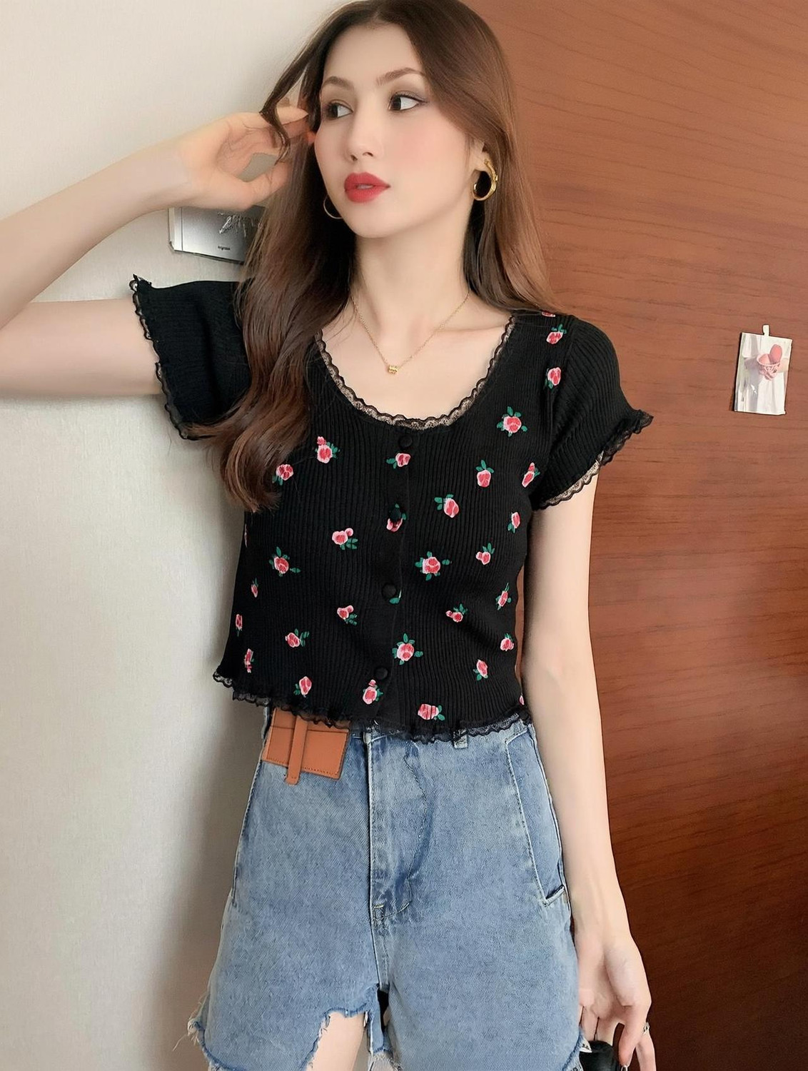 Image of AKA Casual Printed Women Black Top