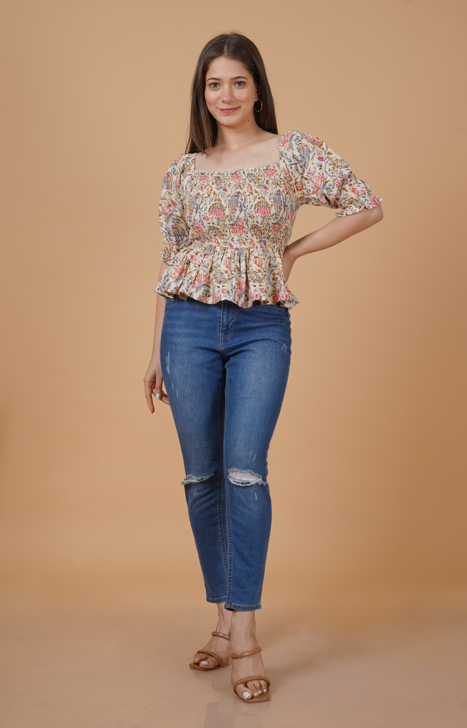 Image of INDIANIC Casual Printed Women Beige Top
