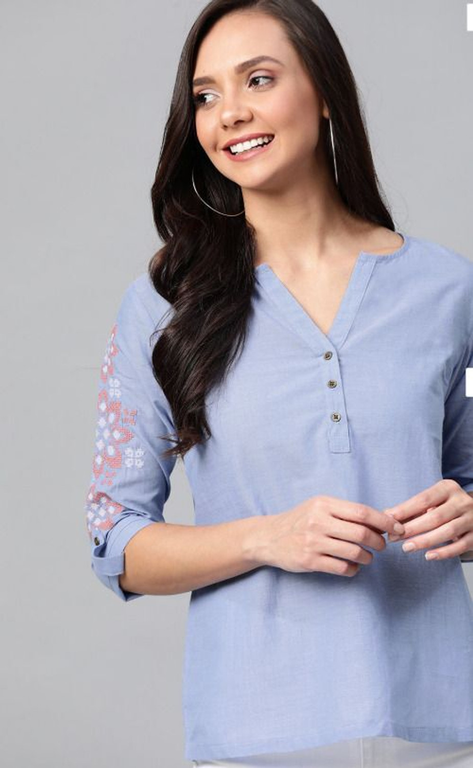 Image of FASHION INK Casual Embroidered Women Blue Top